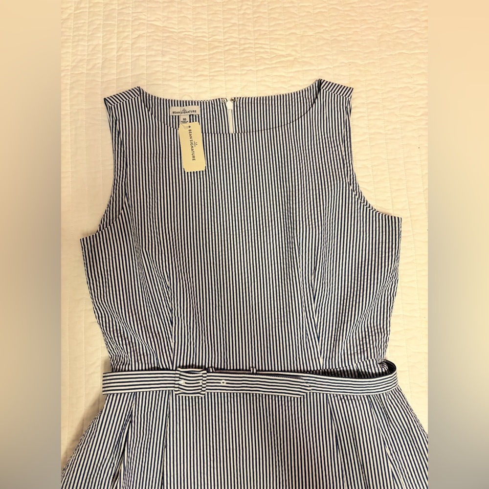LL Bean Seersucker Sleeveless Dress - Royal Blue Striped